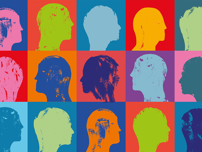 Colourful graphic of squares with different coloured heads in each square