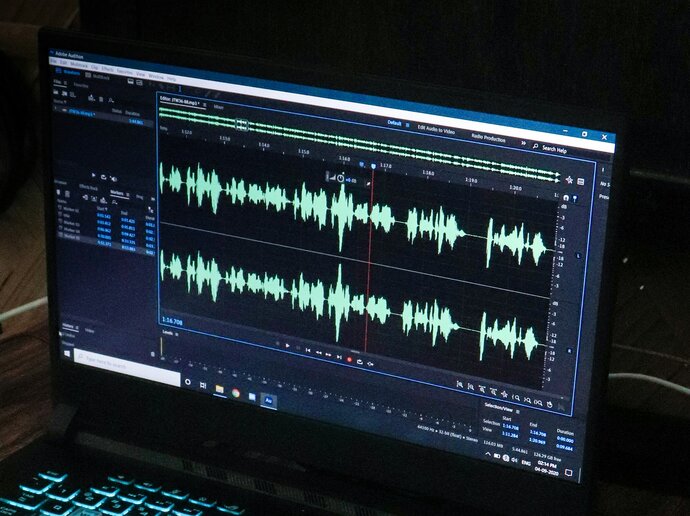 Sound waves on sound editing software on a screen