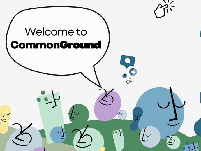 Graphic of abstract people on a green hill, with the speech bubble "Welcome to CommonGround"