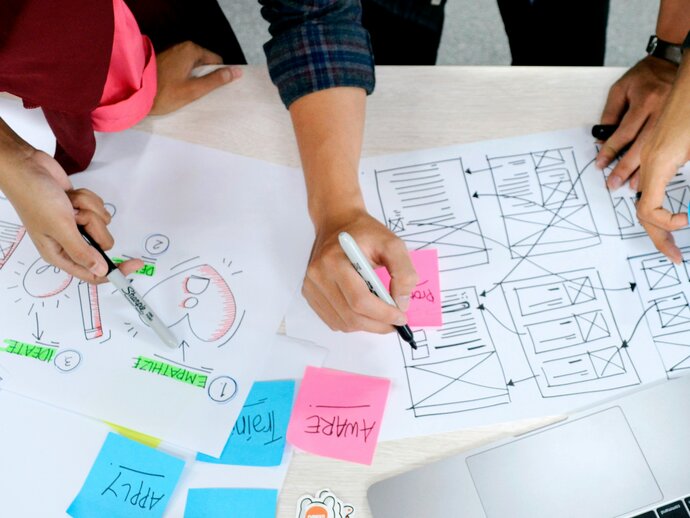 A group of people working together on a design story board