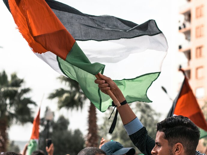 a Palestine flag being held aloft during a protest